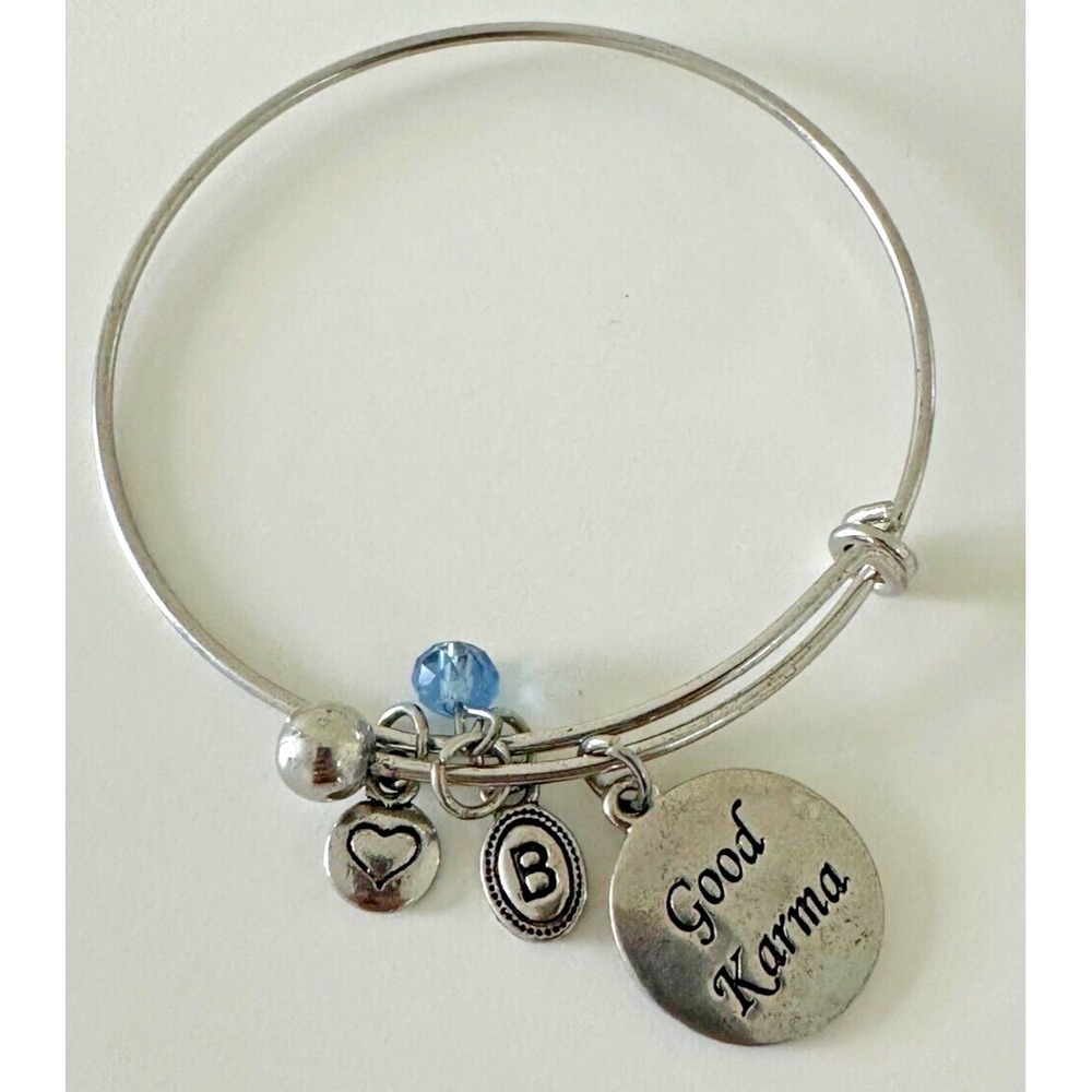 Brighton Good Karma Bangle Bracelet Dangle Charm Stackable Silver Blue Crystal